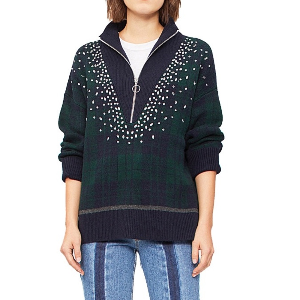 Sandro paris patience crystal embellished half zip check sweater